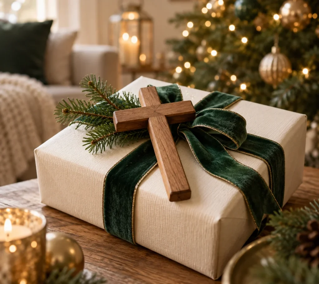 A plain wooden cross on an ivory gift box beside evergreen branches and soft Christmas lights