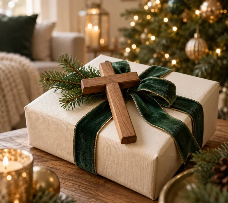 A plain wooden cross on an ivory gift box beside evergreen branches and soft Christmas lights