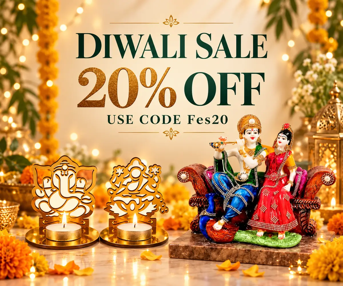 Diwali sale featuring Lakshmi Ganesha tealight holders and Radha Krishna statue: 20% off with code Fes20